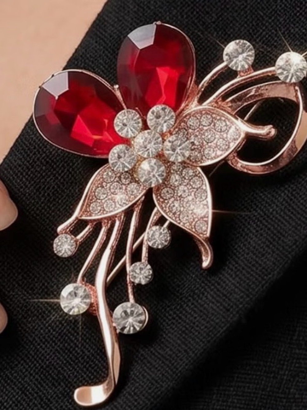 Elegant Rose Gold Floral Brooch with Red Crystal Petals - Women Jewelry